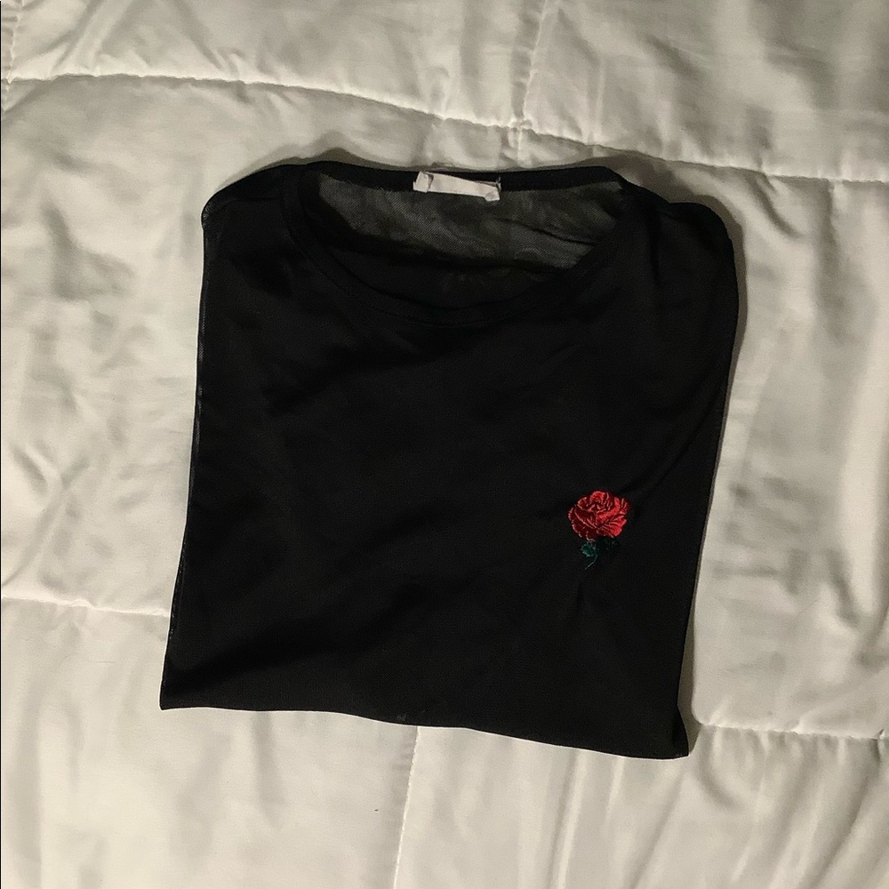 Black Sheer pullover top with red rose size large.